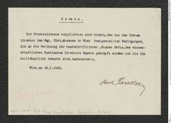 Seite 1, Verpflichtungserklärung, Beilage 6 zum Verzeichnis "Grabungs Aufzeichnungen von Direktor Dr. Josef Bayer (Blaue Bücheln)" (NHMW-PRAE-BBB-Verzeichnis-Beilage-06)